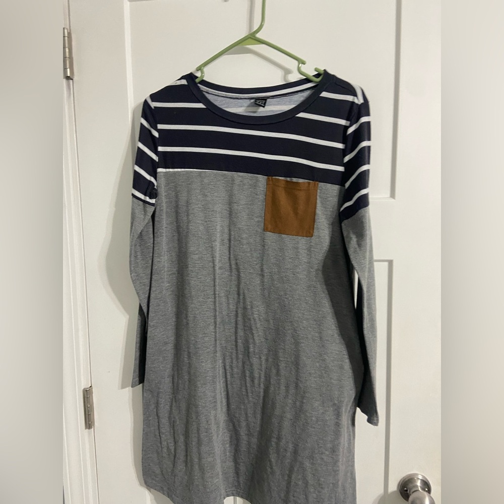 Navy and Gray Striped Kids Long Sleeve Tee with Brown Pocket